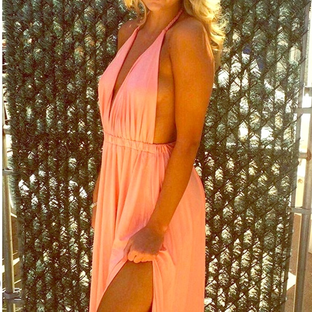 HotMiamiStyles Melon DoubleSlit Halter Maxi Dress